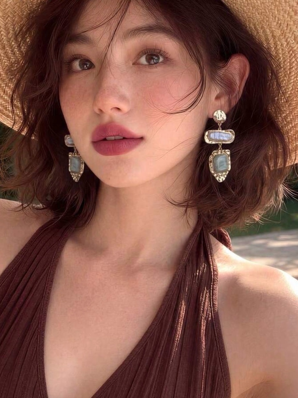 Gold-Tone Earrings with Pearlescent and Sage Accents